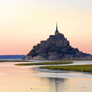 France, Normandy, Le Mont Saint Michel reflected at dusk