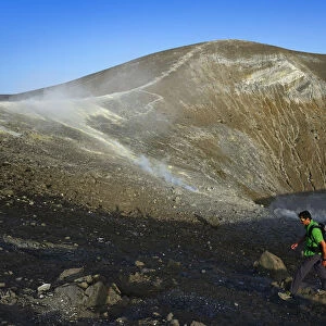 Hikers on the Gran craters, Vulcano Island, Aeolian, or Aeolian Islands, Sicily, Italy
