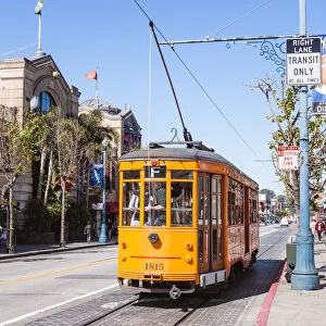 Iconic trams in the streets, Fishermans wharf, San Francisco, California, USA