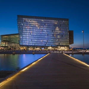 Illuminated Harpa Concert Hall and Conference Center at night, Reykjavik, Iceland