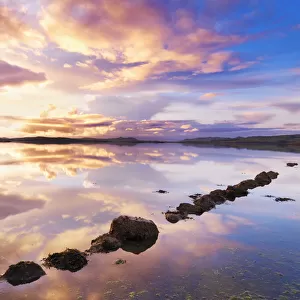 Ireland, Co. Donegal, Mulroy bay, Stepping stones at dusk