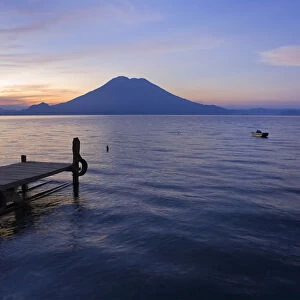 Jetty, Lake Atitlan and Volcano San Pedro, dawn, Guatemala
