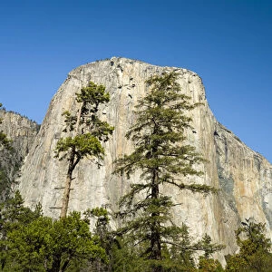 Low angle view of El Capitan summit against clear sky at Yosemite National Park on sunny