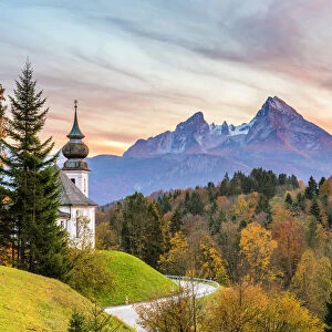 Maria Gern, Berchtesgaden, Bavaria, Germany, Europe. The church of Maria Gern at sunset