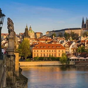 Morning view of Mala Strana district and St. Vitus cathedral from Charles Bridge, Prague