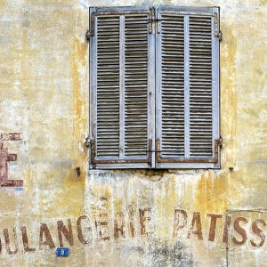 Old shutters and weathered Boulangerie-Patisserie bakery sign, Cassis, Bouches-du-Rha'ne