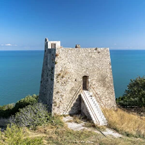 Old tower Torre di Monte Pucci overlooking the sea, Peschici, Foggia province, Gargano
