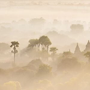 Pagodas from the air at sunrise, Bagan, Myanmar
