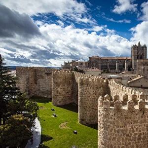 Panoramic view over the Cathedral and the medieval city walls, Avila, Castile and Leaon