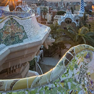 Park Guell with city skyline behind at sunrise, Barcelona, Catalonia, Spain