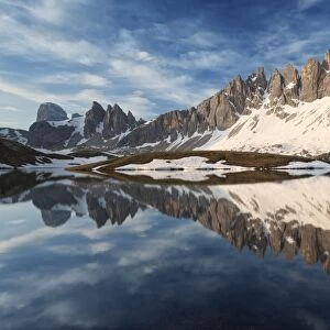 Paterno mount (Paternkofel) and Crode of Piani reflected in the Piani Lake (Bodenseen)