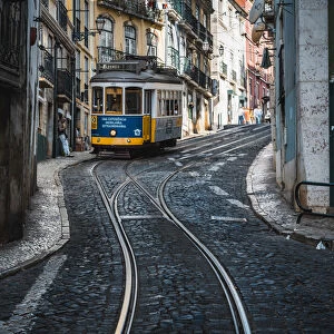 Portugal, Lisbon. The famous touristy line 28 of the Lisbon tramway in Alafama district