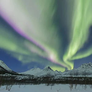 A powerful Aurora borealis, over the mountains in Arctic Norway tundra in winter