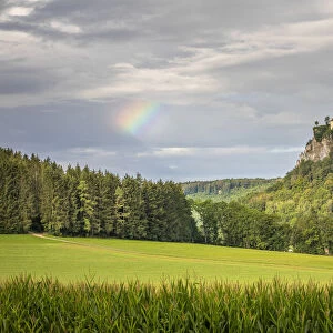 Rainbow over Werenwag Castle, Upper Danube Nature Park, Swabian Jura, Baden-Wurttemberg, Germany, Europe