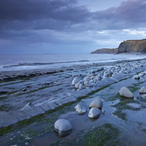 Rocky ledges of Kilve Beach on the Somerset Coast, England. Summer