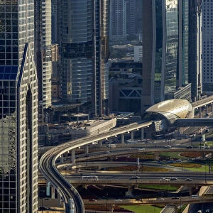 Sheikh Zayed Road and Metro Line, Dubai International Financial Centre, elevated view