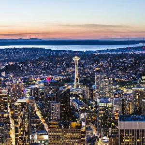 The Spece Needle and skyline at dusk, Seattle, Washington, USA