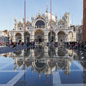 The St Marks Basilica reflected in high tide water (Acqua alta), Venice, Veneto