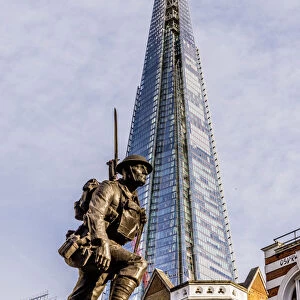 St Saviours War Memorial, statue and The Shard, London, England