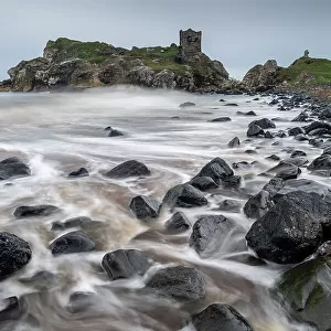 Stormy seashore below Kinbane Castle on the Causeway Coast, County Antrim, Northern Ireland. Autumn (November) 2022