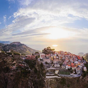Taormina, Sicily. Aerial view of Castelmola village and Taormina in the background with