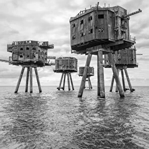 The towers of the Red Sands Fort –part of the decommissioned Maunsell Forts, the armed towers built in the Thames estuary to protect the Kent coast during the Second World War, near Whitstable, Kent, England