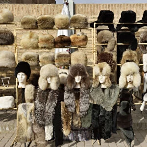 Traditional fur hats for sale. Itchan Kala, Khiva, Uzbekistan