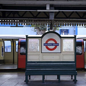 A train in Golders Green underground station in London, England