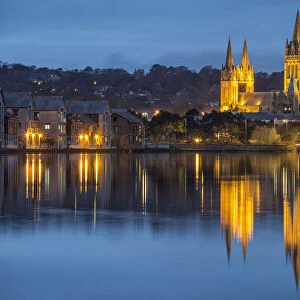 Truro Cathedral reflected in Truro River at dusk, Truro, Cornwall, England