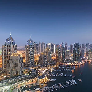 UAE, Dubai, Dubai Marina, elevated view of the marina, dusk