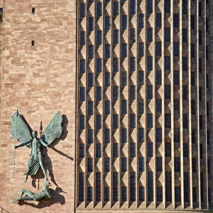UK, England, West Midlands, Coventry, Coventry Cathedral, showing Jacob Epsteins bronze depicting the Archangel St Michael vanquishing the devil Lucifer