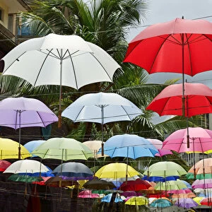 Umbrellas for part of a street decoration, Mauritius, Indian Ocean