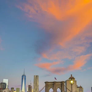 USA, New York, Brooklyn Bridge and Lower Manhattan Skyline with Freedom Tower