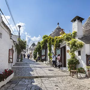 View of the typical Trulli huts and the alleys of the old village of Alberobello