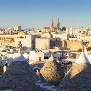 Village of Alberobello illuminated by sun with trulli houses in the foreground
