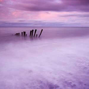 Wooden posts at high tide on Porlock Beach, Exmoor, Somerset
