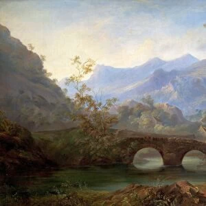 Mountainous Landscape with River, Bridge and Cottages