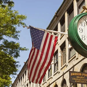 Clock and American flag outside Durgin Park Restaurant, Faneuil Hall Marketplace, Boston