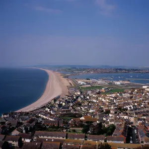 ENGLAND, Dorset, Portland Elevated view over Chesil Beach from cliff path above town