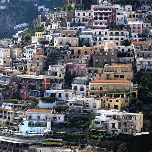 Vista of Positano on its steep slope down to the sea and Marina Grande beach