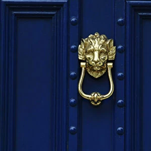 A brass door knocker is pictured on a blue door in London