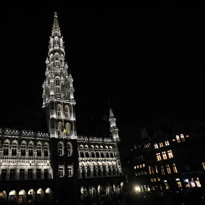 Brussels Town Hall is seen illuminated during light show at Grand Place in Brussels