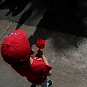 A child holds a carnation during a march marking the 44th anniversary of the Carnation