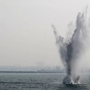 A training naval mine blasts during a military drill in Kaohsiungs Zuoying naval base