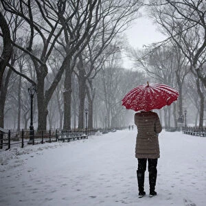 A woman stands with an umbrella during snowfall at Central Park in New York
