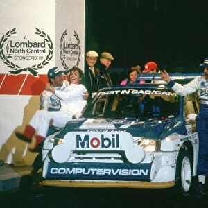 1986 RAC Rally. Metro 6R4 Tony Pond celebrating at finish with co-driver Rob Arthur