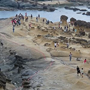 Ginger Rock formation on eroded coastal rocks with tourists, Yehliu Geopark, Yehliu Promontory, Taiwan, April