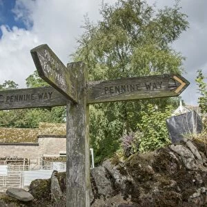 Pennine Way and Public Footpath signs on farm, Edale, Peak District N. P. Derbyshire, England, August