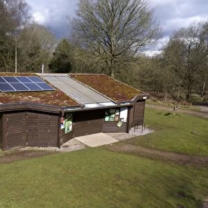 Reserve visitor centre with solar panels on roof, Nagshead RSPB Reserve, Forest of Dean, Gloucestershire, England