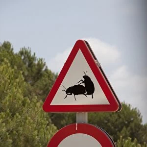 Road sign of two mating dung beetles in the Coto Donana national park Andalusia Spain